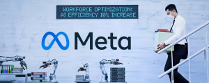 A former Meta employee, wearing a face mask and carrying an box of belongings, walks despondently down stairs, leaving a modern office building. In the background, behind the large blue Meta logo, robotic arms work on desk tasks below a sign reading "Workforce Optimization: AI Efficiency 10% Increase." The scene symbolizes high-tech displacement through Artificial Intelligence.