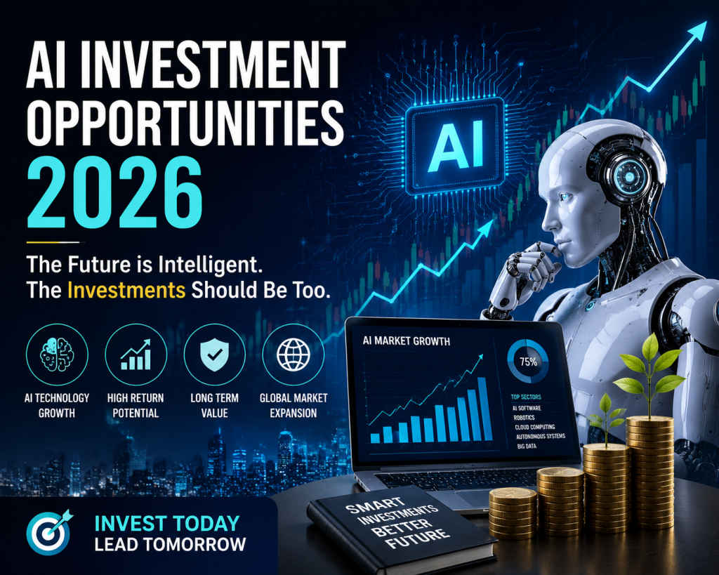AI Investment Opportunities 2026 infographic featuring futuristic artificial intelligence technology, stock market growth charts, smart investing concepts, digital finance analytics, AI robot investor, and long-term wealth growth strategy.