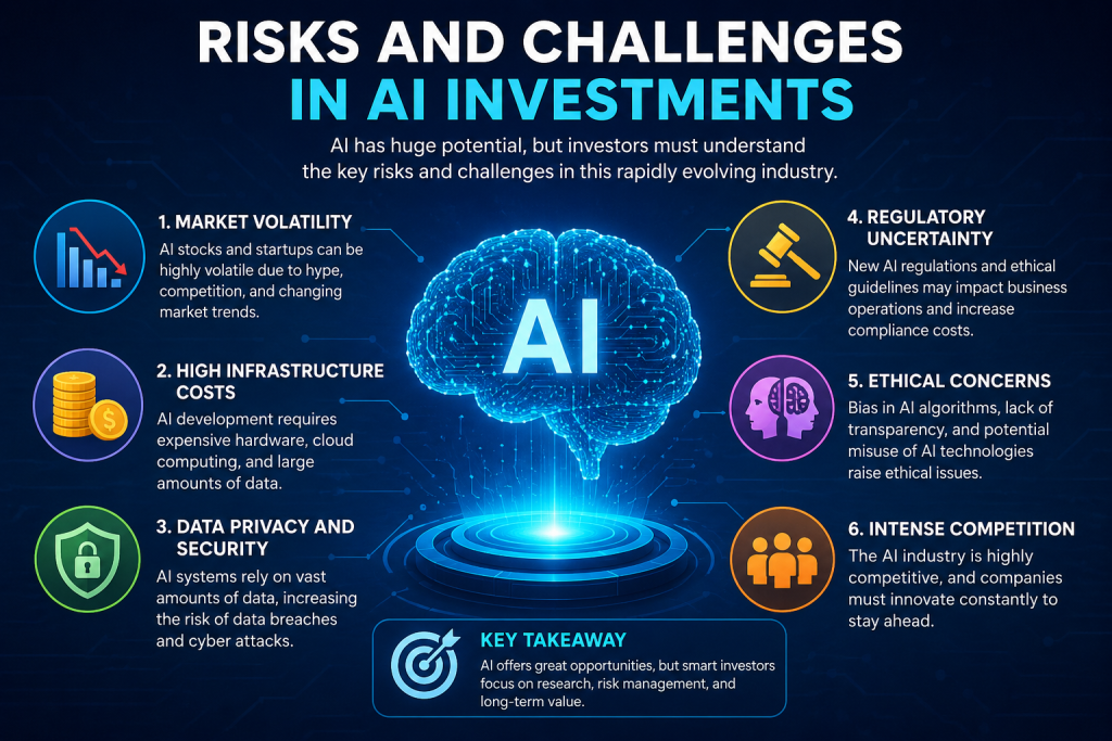A futuristic blue-themed infographic titled “Risks and Challenges in AI Investments” featuring a glowing AI brain in the center surrounded by key investment risks such as market volatility, high infrastructure costs, data privacy and security, regulatory uncertainty, ethical concerns, and intense competition. The design includes modern icons, digital circuit backgrounds, and a professional tech-inspired layout.