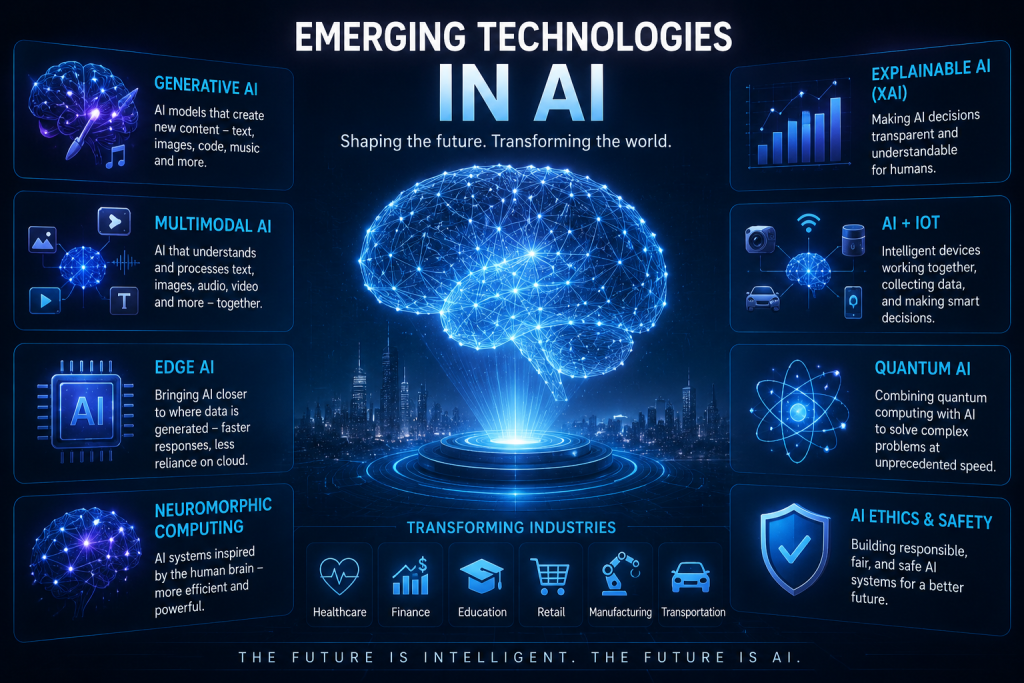 Alt Text:
A futuristic AI infographic featuring a glowing digital brain in the center with neon blue technology elements. The image highlights emerging AI technologies including Generative AI, Multimodal AI, Edge AI, Explainable AI (XAI), Quantum AI, AI + IoT, Neuromorphic Computing, and AI Ethics & Safety. A futuristic city skyline appears in the background, representing the future of artificial intelligence and innovation.