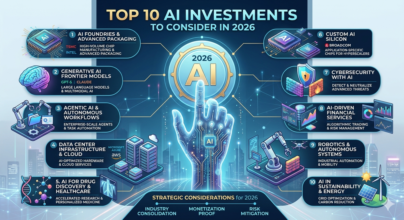 Top 10 AI investments to consider in 2026 infographic featuring generative AI, AI chip manufacturing, cybersecurity, cloud infrastructure, robotics, healthcare AI, financial services, autonomous systems, and sustainable energy technologies with futuristic digital illustrations.