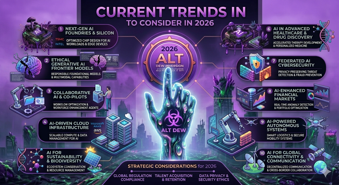 A futuristic purple-themed infographic titled “Current Trends to Consider in 2026” showcasing major AI and technology investment trends such as next-gen AI chips, ethical generative AI, AI copilots, cloud infrastructure, healthcare AI, cybersecurity, autonomous systems, and AI-powered financial markets, with glowing cyberpunk-style illustrations and a central “ALT DEW” emblem.