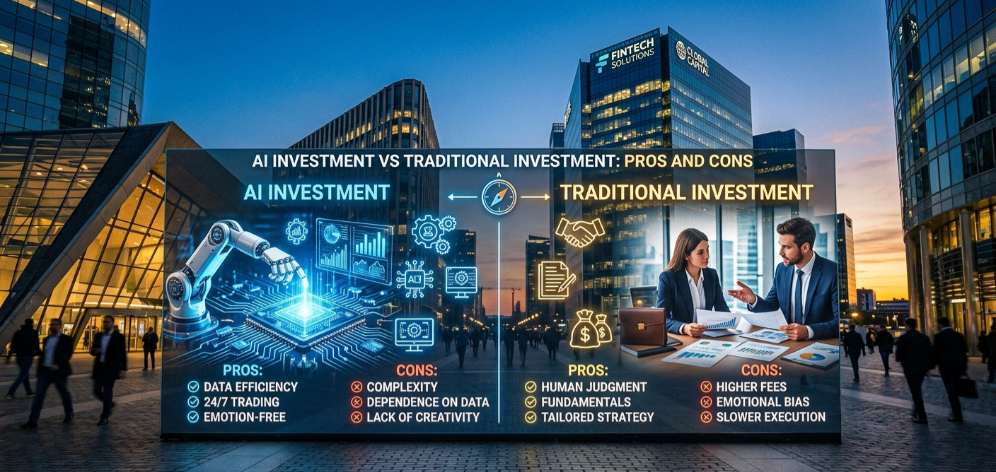 A digital billboard in a modern city square at dusk presents a side-by-side comparison of 'AI Investment' and 'Traditional Investment'. The left side, labeled 'AI Investment', features a graphic of a robotic arm on a circuit board and lists pros: Data Efficiency, 24/7 Trading, and Emotion-Free; and cons: Complexity, Dependence on Data, and Lack of Creativity. The right side, labeled 'Traditional Investment', shows a photo of professionals reviewing documents and lists pros: Human Judgment, Fundamentals, and Tailored Strategy; and cons: Higher Fees, Emotional Bias, and Slower Execution. A compass icon sits at the center, dividing the two concepts.