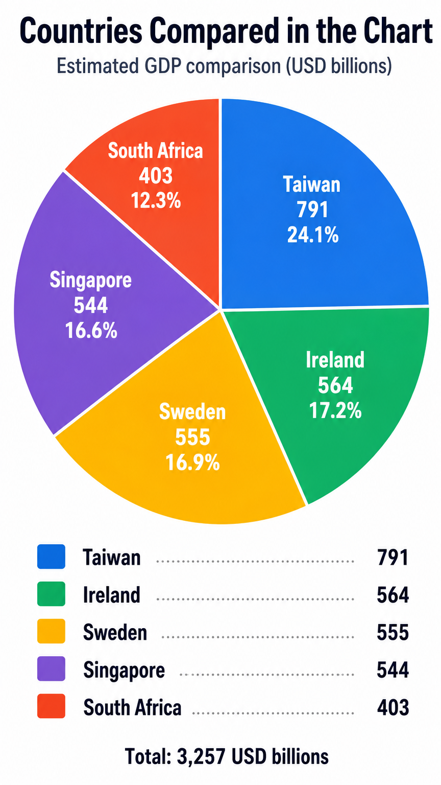 A pie chart comparing the estimated GDP in USD billions of five countries: Taiwan, Ireland, Sweden, Singapore, and South Africa, with a total GDP of 3,257 USD billions.